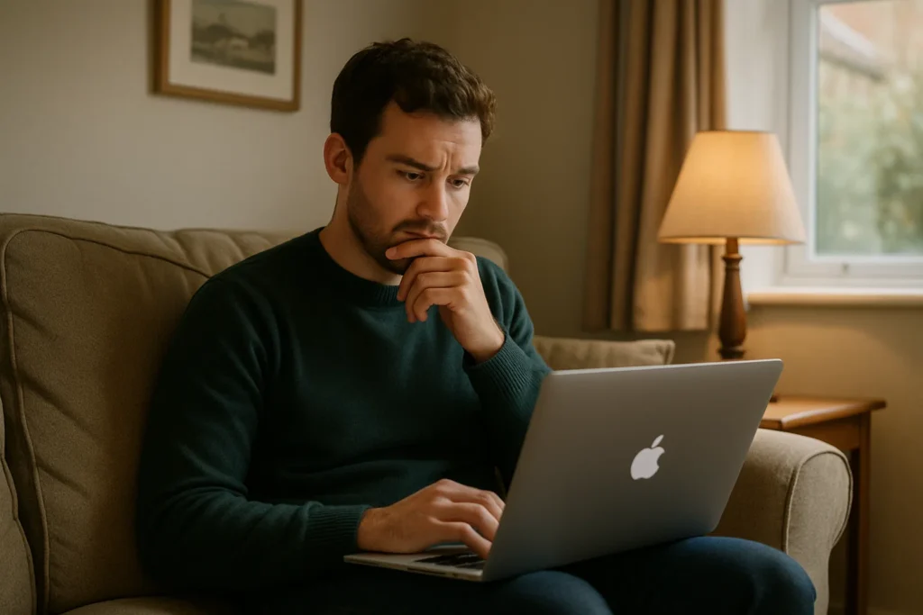 Person reading mixed IVA debt reviews online at home, reflecting on their options.