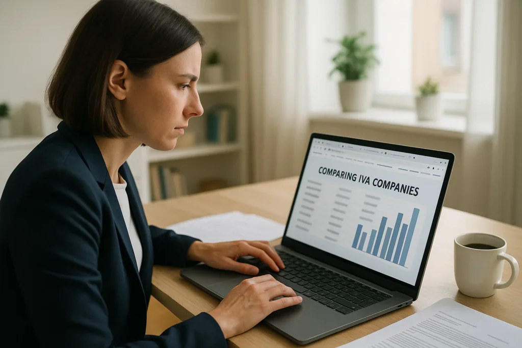 Person researching and comparing IVA companies online in a realistic home office setting.