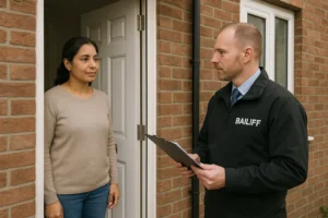 Homeowner calmly speaking to a Marston Holdings bailiff at the front door of a British home.