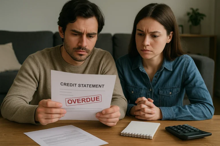 Person reviewing overdue credit statements at home, exploring repayment and debt solution options.