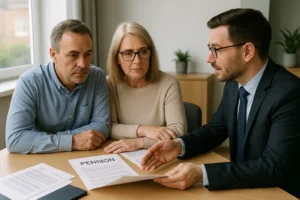 Couple meeting with a financial advisor to discuss how their pension may be affected by an IVA.