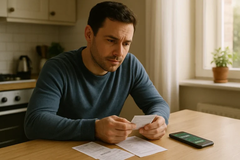 Man reflecting on his finances at home while taking steps to overcome gambling debt.