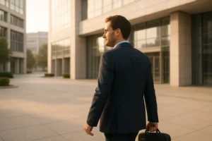 Professional person heading to work, representing the balance between financial privacy and workplace honesty about an IVA.