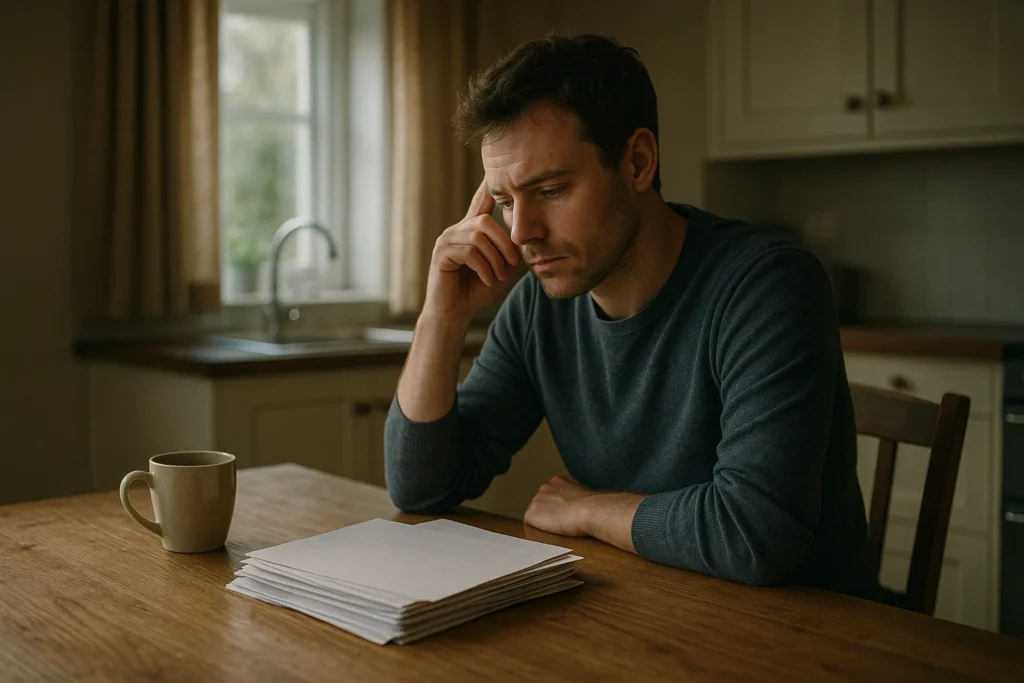 A person sitting at a kitchen table in soft daylight, looking thoughtfully at blank paperwork in a calm UK home setting.