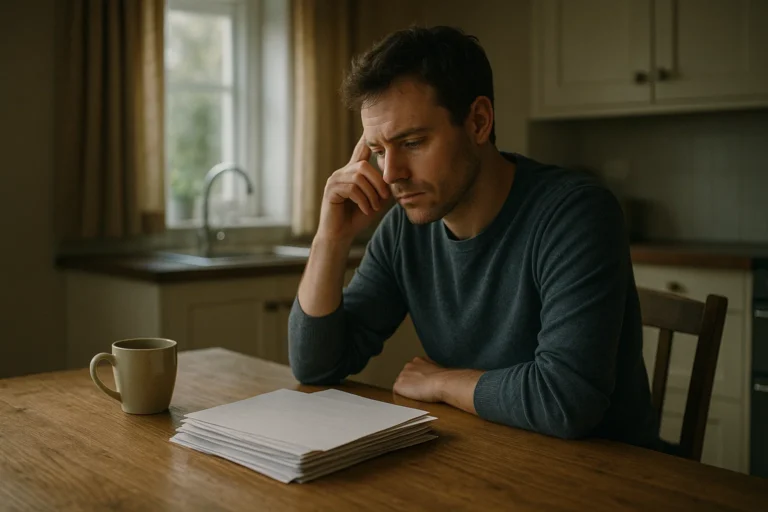A person sitting at a kitchen table in soft daylight, looking thoughtfully at blank paperwork in a calm UK home setting.