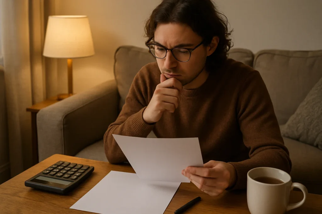 A person reviewing a budget at home with a calculator and blank paper, symbolising planning a way out of persistent debt.