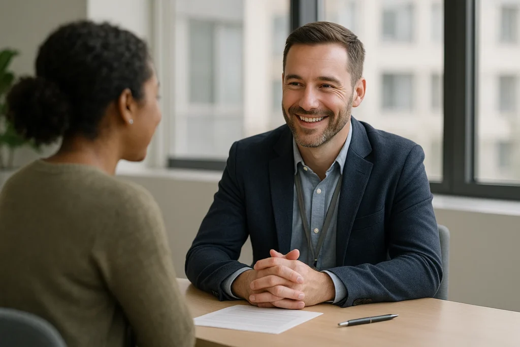 A friendly debt adviser meeting with a client in an office, representing getting professional help with debt.