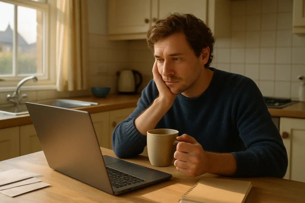 A person sitting at a kitchen table looking at a laptop with concern, surrounded by envelopes and a notebook, representing someone considering how to escape persistent debt.