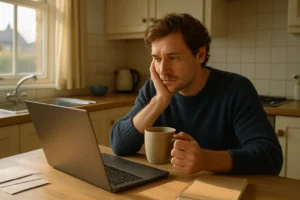 A person sitting at a kitchen table looking at a laptop with concern, surrounded by envelopes and a notebook, representing someone considering how to escape persistent debt.